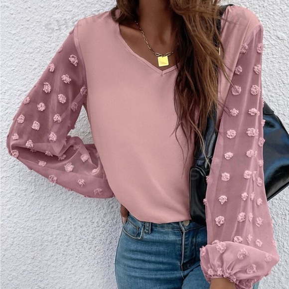 *Host Pick!🎉 Light Pink Swiss Dot Lantern Sleeve V-Neck Blouse - Picture 1 of 11